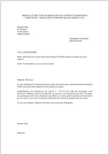 modele lettre resiliation assurance habitation