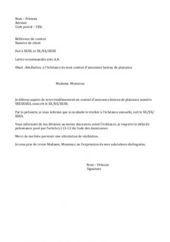 lettre type resiliation assurance bateau