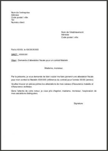modele lettre demande attestation fiscale madelin