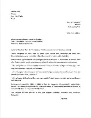 lettre type contestation refus indemnisation