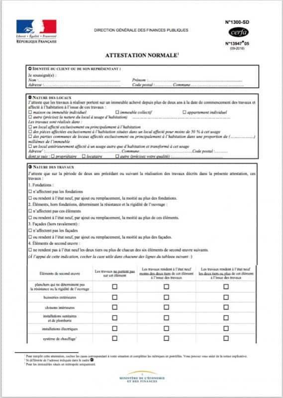 attestation normale tva 10 travaux
