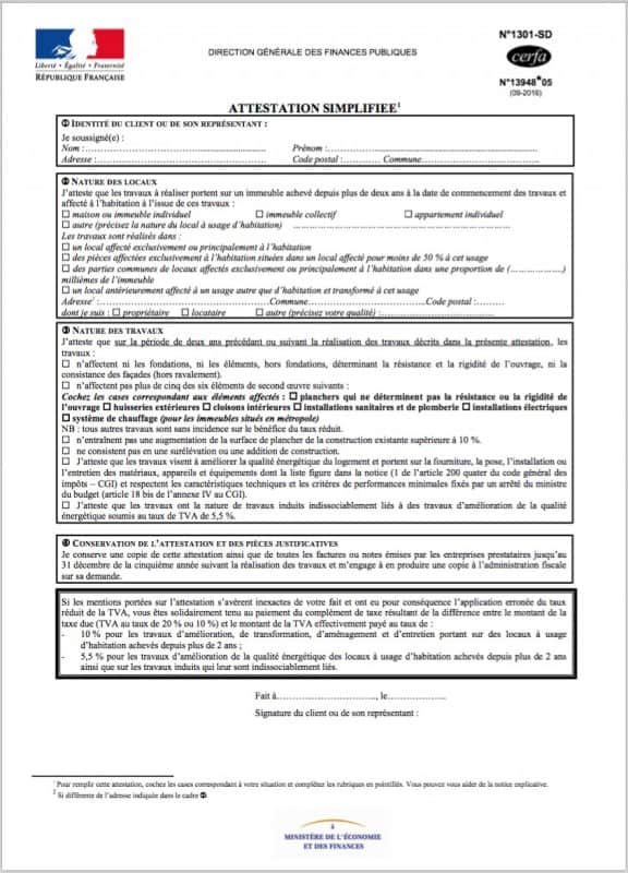 attestation simplifiee travaux tva reduit