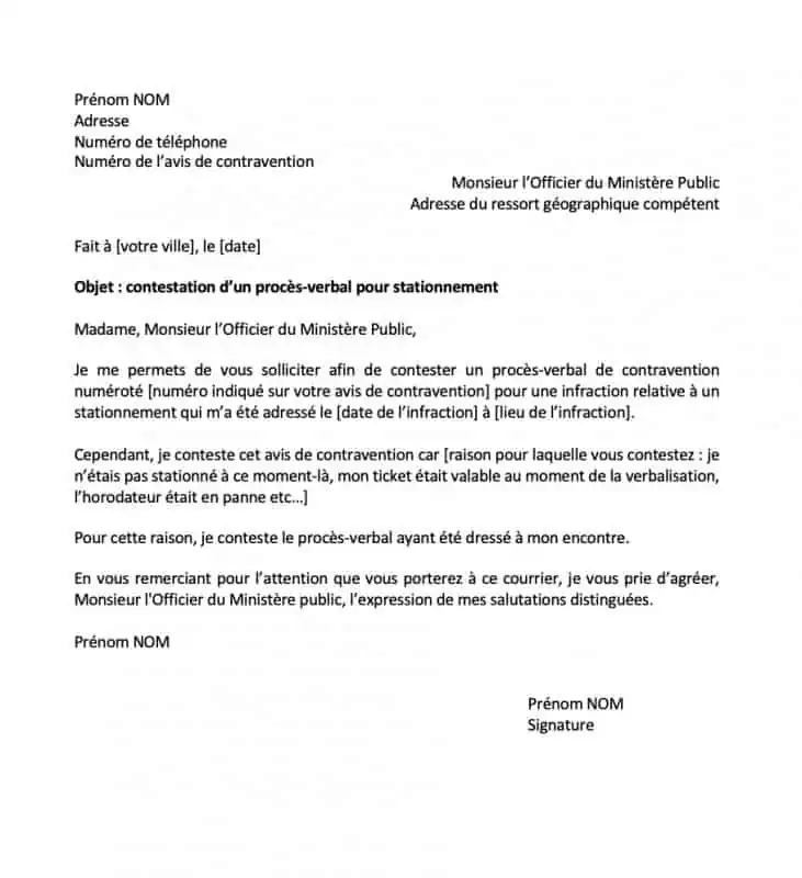 lettre contester amende stationnement