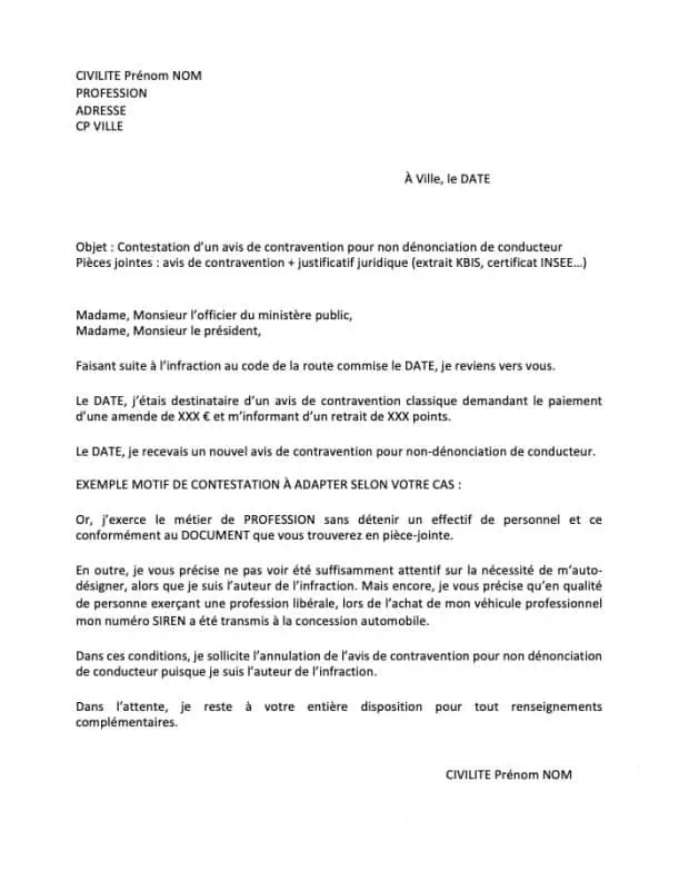 lettre contester non denonciation conducteur