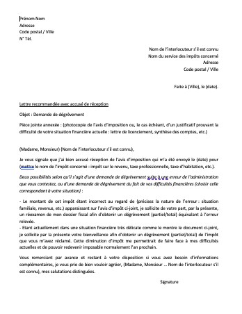 lettre demande degrevement