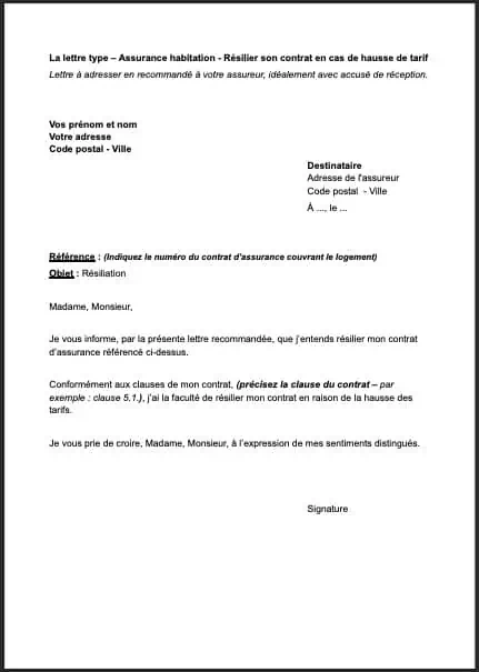 lettre resiliation assurance augmentation tarif