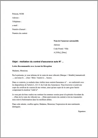 lettre resiliation assurance vente vehicule