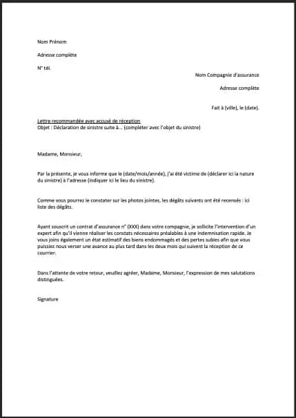 modele lettre reclamation assurance sinistre