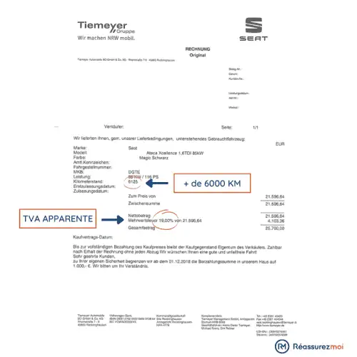 facture achat vehicule doccasion avec TVA