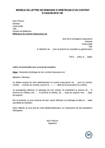 modele lettre arbitrage assurance vie