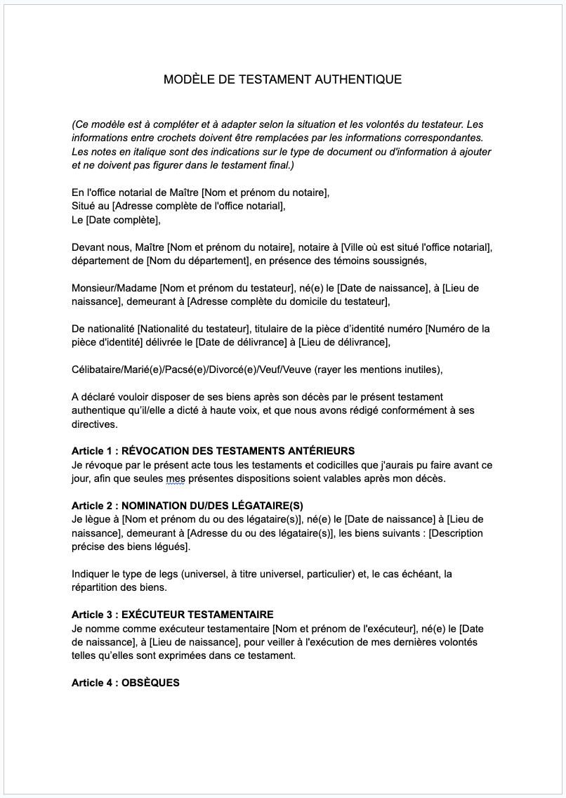 Notre mod le de testament authentique t l charger format word 