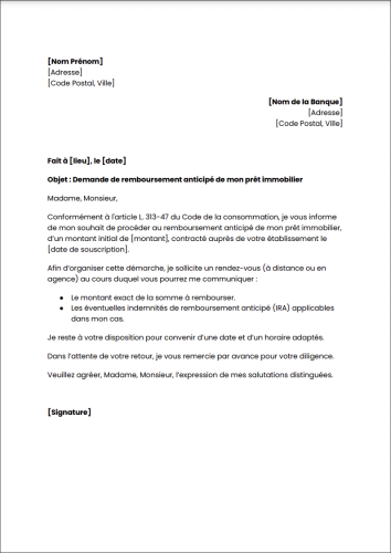 Lettre remboursement anticipe